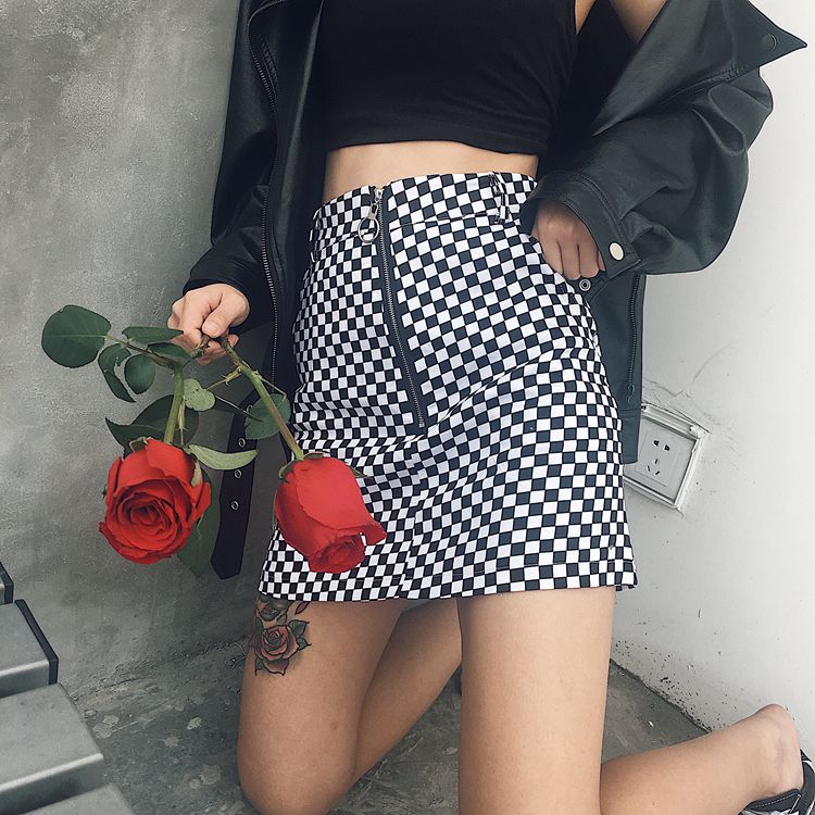 High Waist Checkered Skirt