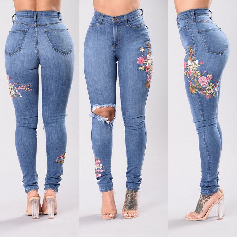 High Waist Floral Denim Skinny Jeans (2 colors)