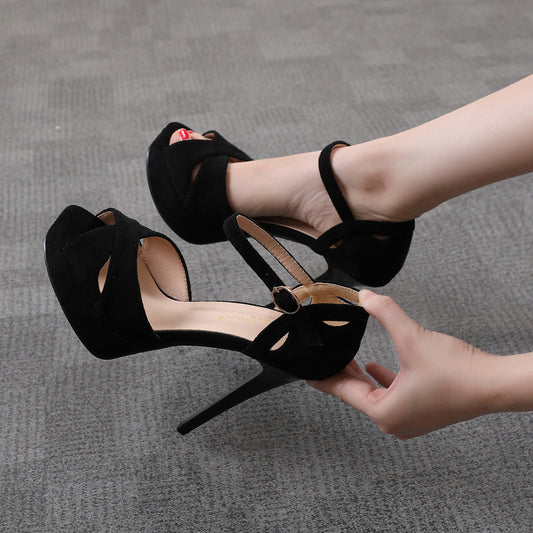 Black Open Toe Butterfly Platform Heels