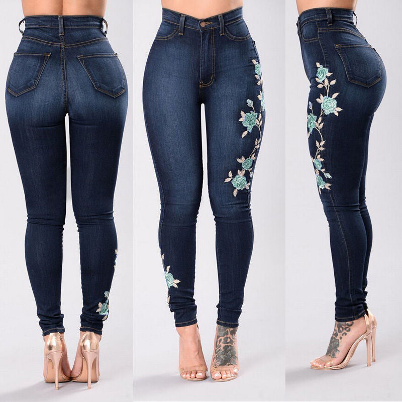 High Waist Floral Denim Skinny Jeans (2 colors)