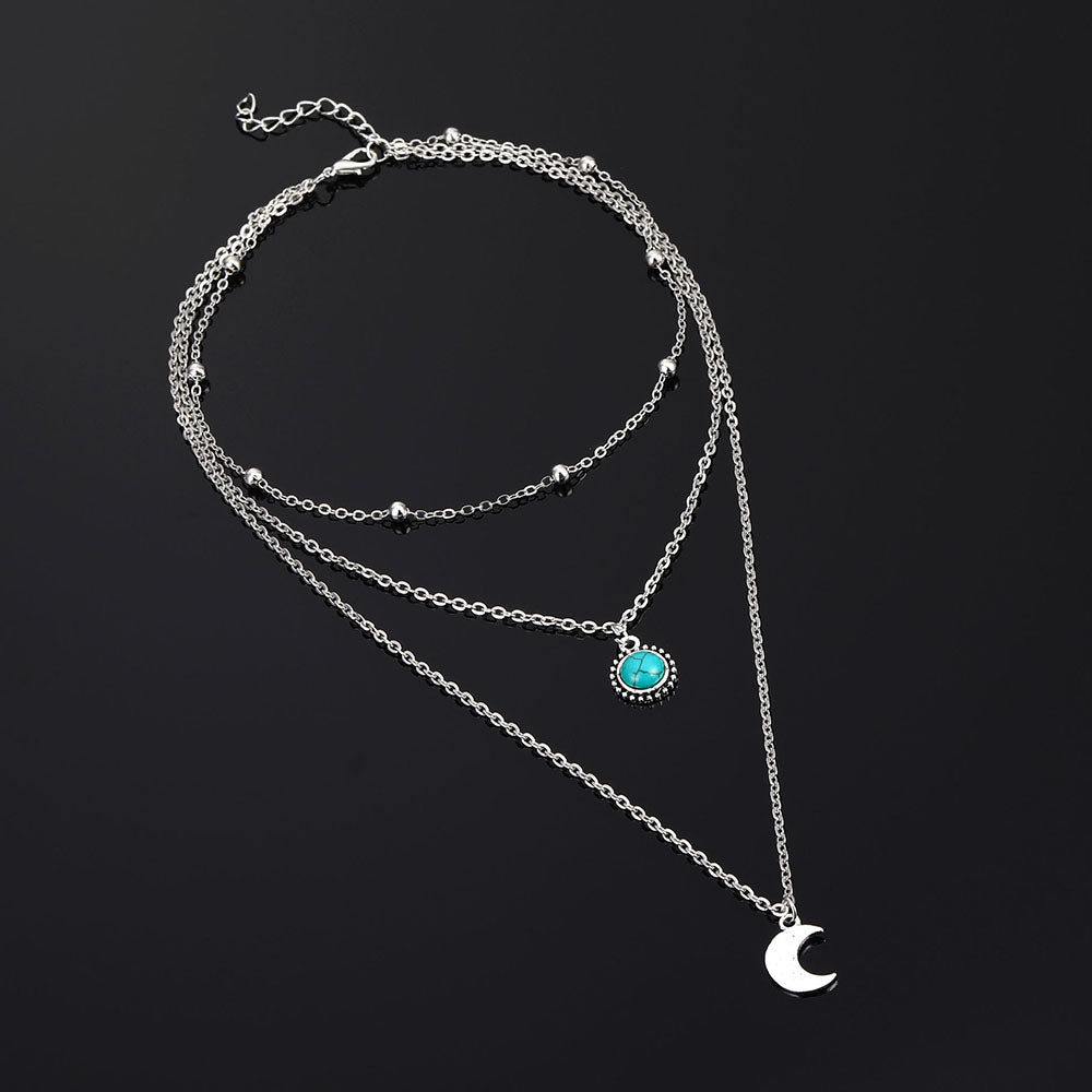 Three-layer Turquoise Moon Necklace