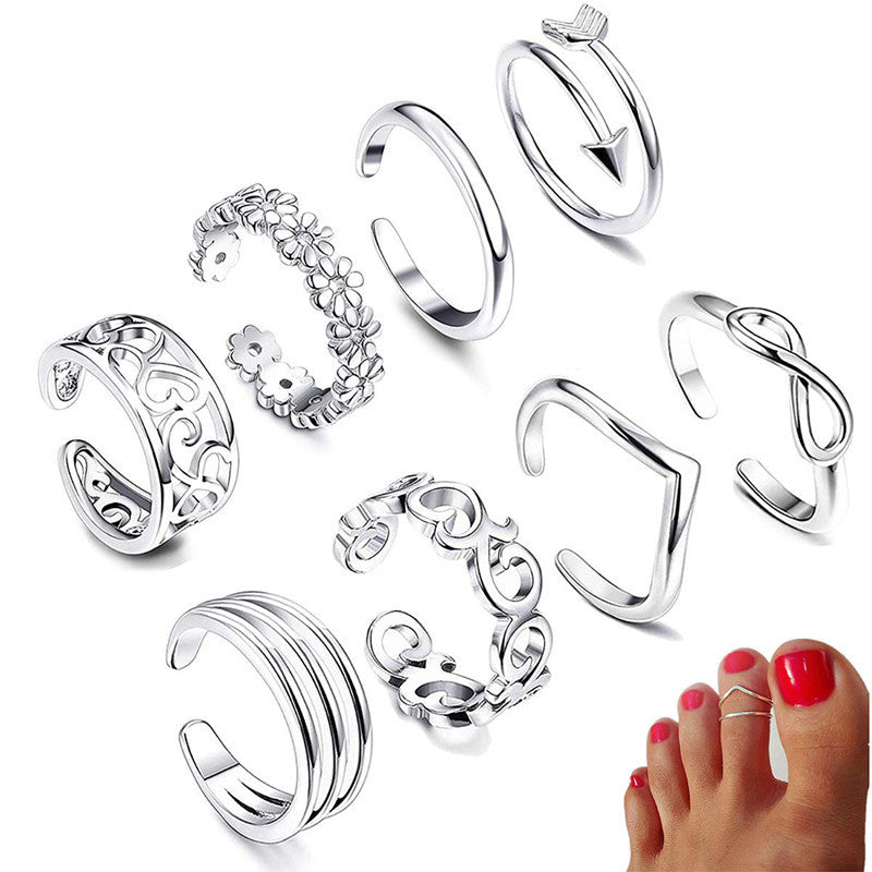 Eight Piece Silver Toe Ring Set