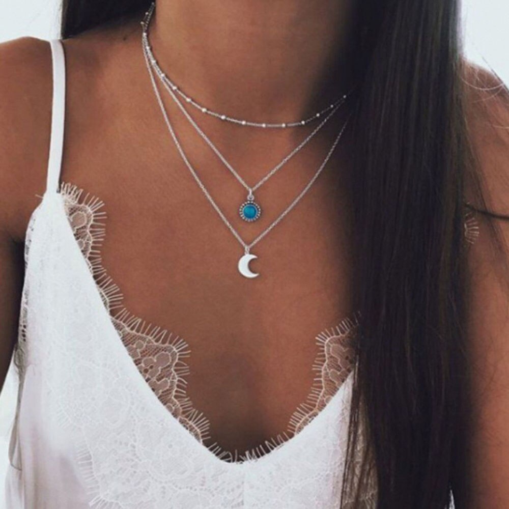 Three-layer Turquoise Moon Necklace