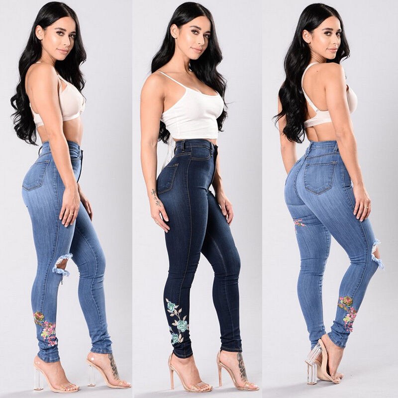 High Waist Floral Denim Skinny Jeans (2 colors)