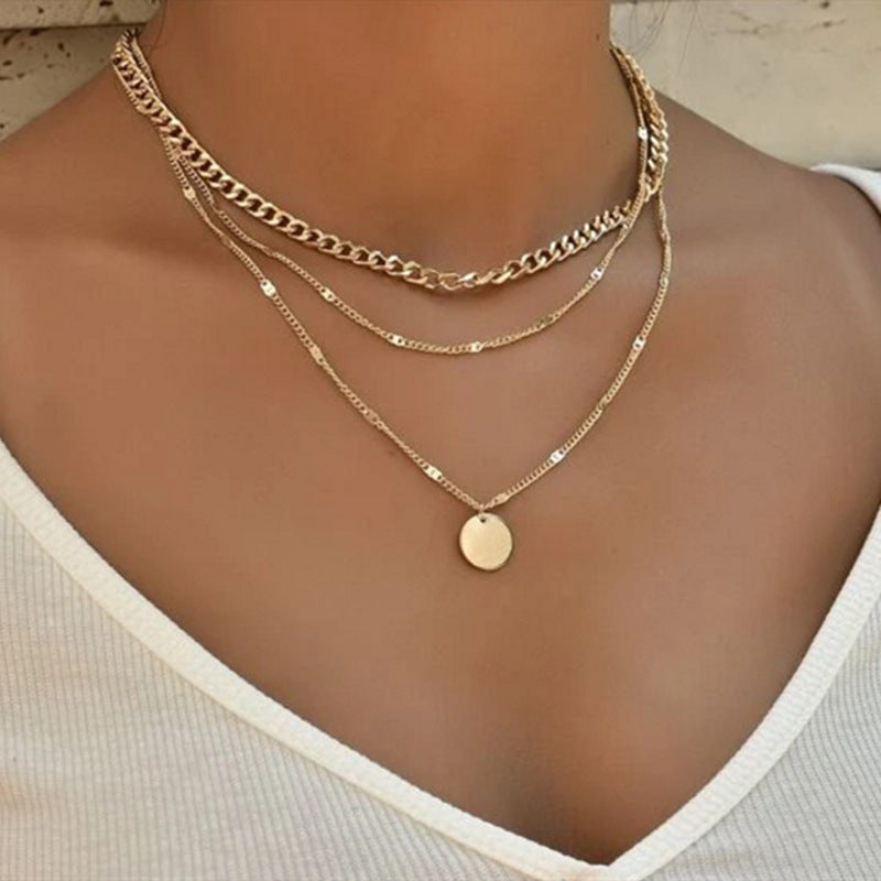 Disc Pendant Multi-Layer Chain Necklace