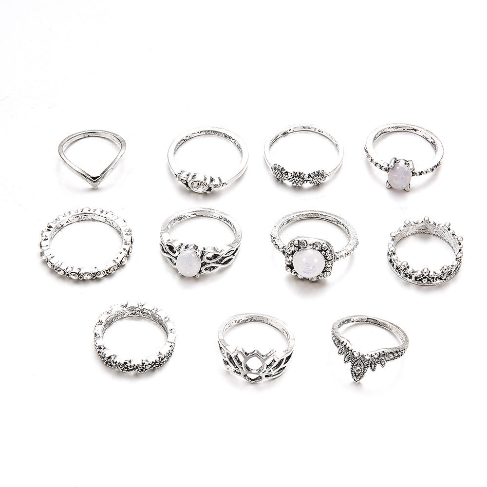 Eleven Piece Silver Opal Ring Set