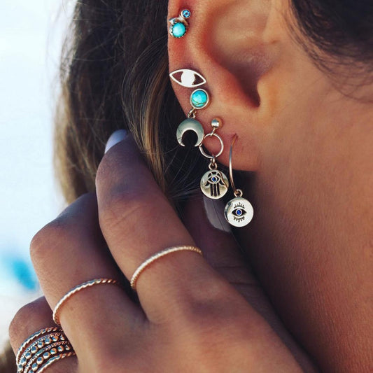 Boho Palm Eye Moon Stud Earring Set