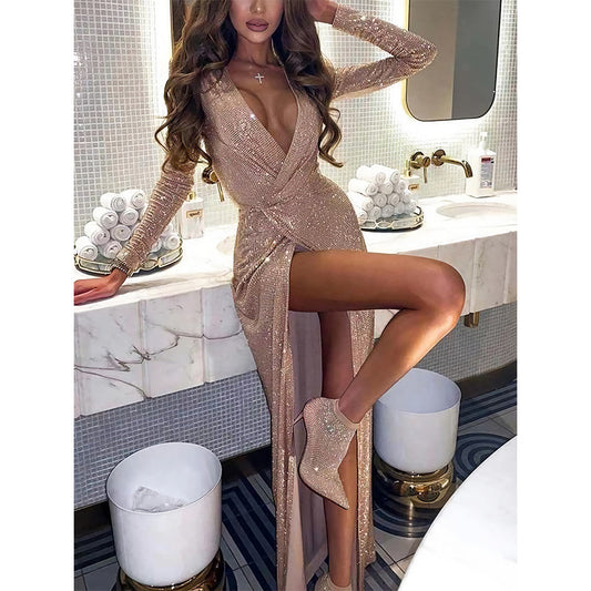 Long Sleeve V Neck Glamour Dress (6 colors)