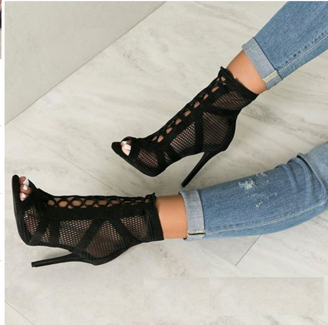 Suede Fish Net Lace Up Heels