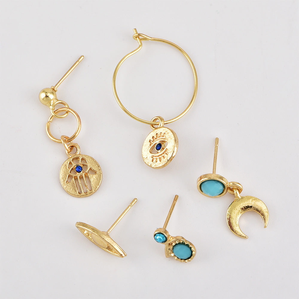 Boho Palm Eye Moon Stud Earring Set