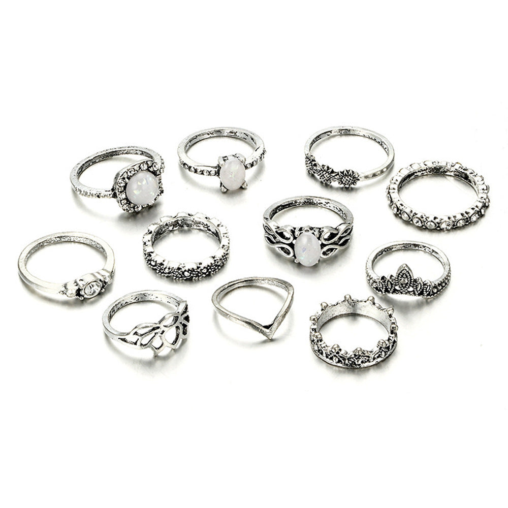 Eleven Piece Silver Opal Ring Set